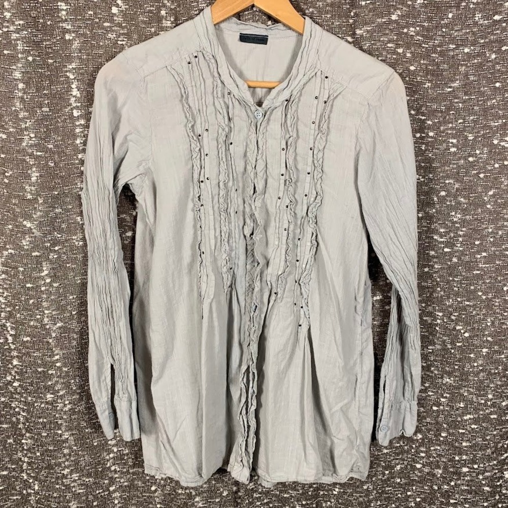 Anthropologie Left Of Center Ruffle Beaded Tunic Long Sleeve Blouse Boho